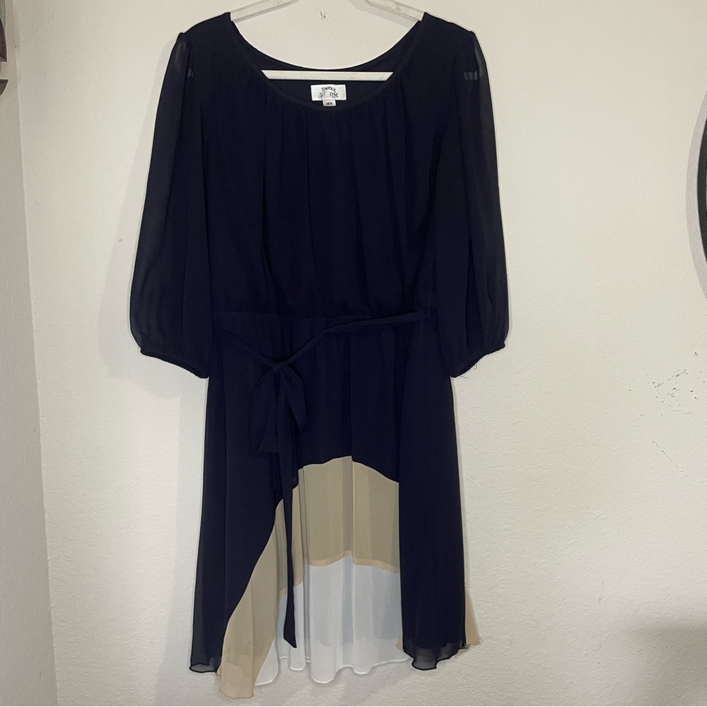Sweet Storm Deep Navy Blue and Tan Midi Dress Sheer